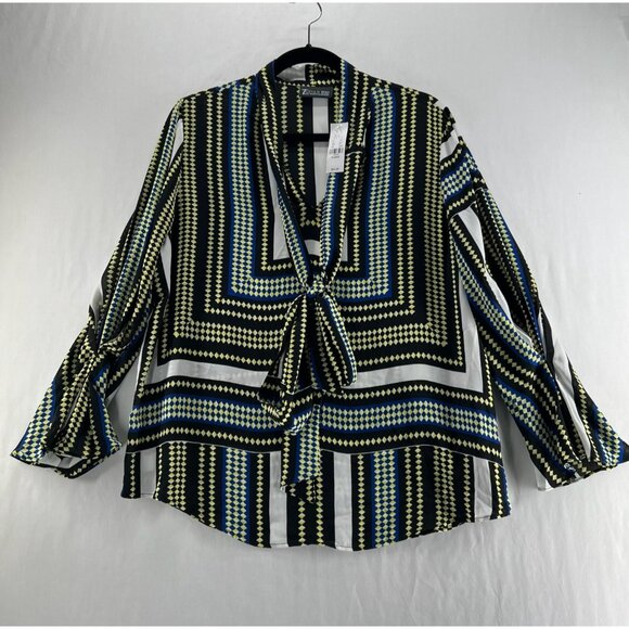 7th Avenue New York & Co Tie-Neck Top Womens XL Long Sleeve Geometric Multicolor - Picture 1 of 13